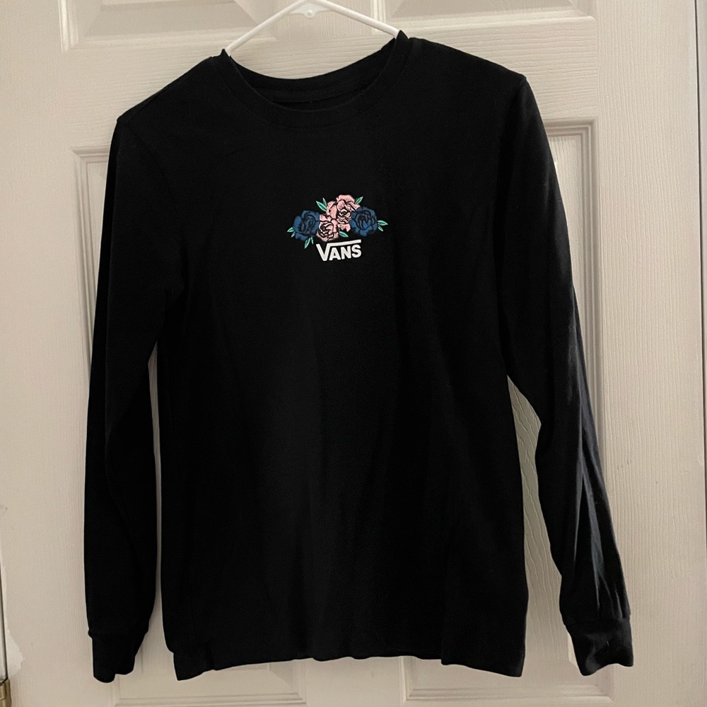 - Black long sleeve with blue, and pink roses